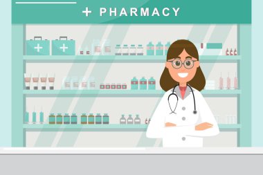 tezgahta hemşire ile eczane. eczane çizgi film karakteri