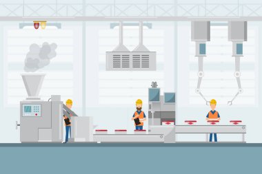 işçiler ile düz bir tarzda akıllı sanayi fabrikası, robotlar bir