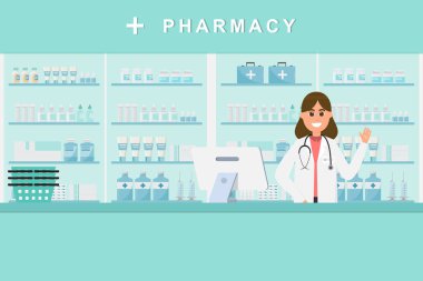 tezgahta hemşire ile eczane. eczane çizgi film karakteri