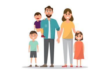 Mutlu bir aile. Baba, anne, bebek, oğul ve kız.
