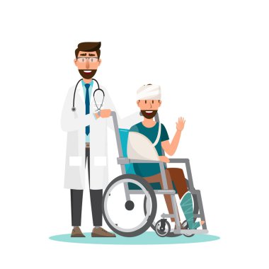 Adam doktor ile tekerlekli sandalyede oturup dikkat.