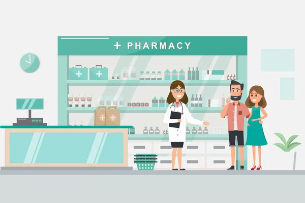 Farmacia con enfermera en mostrador. personaje de dibujos animados de farmacia — Vector de stock