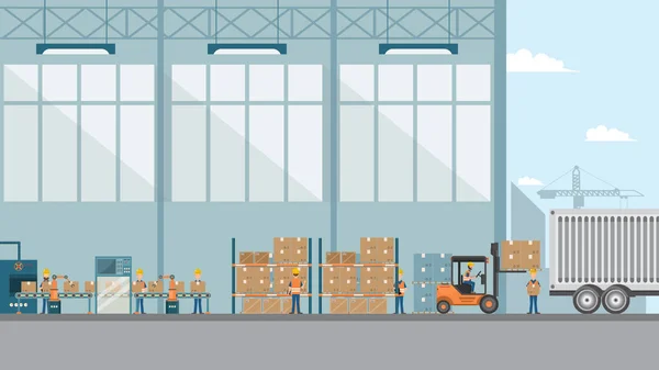 En smart industri fabrik i en platt stil med arbetare, robotar — Stock vektor