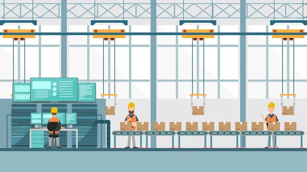 En smart industri fabrik i en platt stil med arbetare, robotar — Stock vektor