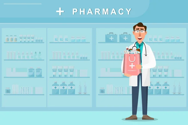 Farmacia con el médico sosteniendo una bolsa de medicamentos — Vector de stock