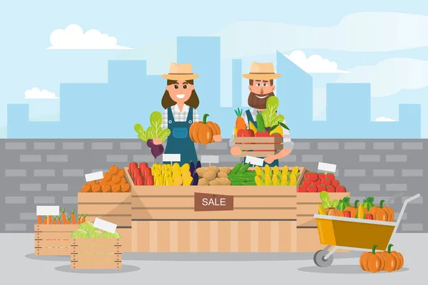 Gårdsbutik. Lokala marknaden. Försäljning av frukt och grönsaker — Stock vektor