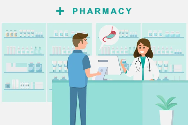 Gyógyszertár a nővér ellen. drogtároló rajzfilmfigura — Stock Vector