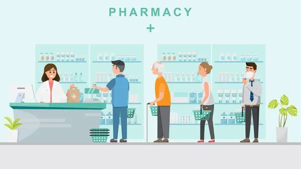 Farmacia con farmacéutico en mostrador y personas que compran medicamentos . — Vector de stock