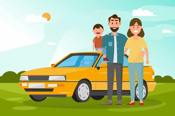 Familia feliz. Padre, madre e hijos viajando en coche — Vector de stock