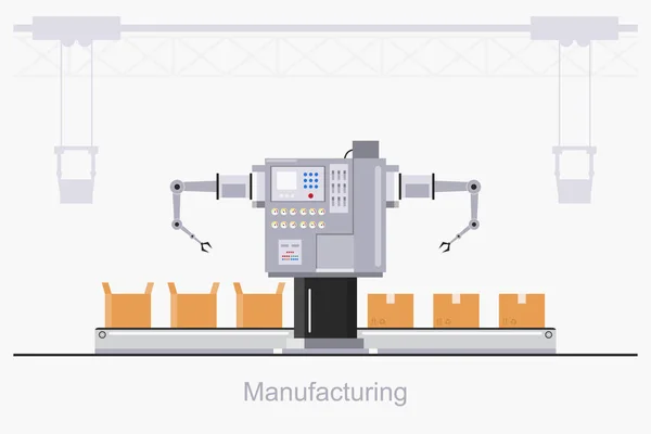 Κομψό βιομηχανικό εργοστάσιο σε επίπεδο στυλ με τους εργάτες, τα ρομπότ — Διανυσματικό Αρχείο