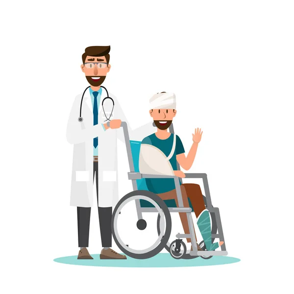 Mężczyzna siedzi na wózku inwalidzkim z lekarzem dbać. — Wektor stockowy