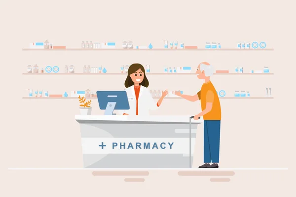 Farmácia com farmacêutico e cliente no balcão —  Vetores de Stock