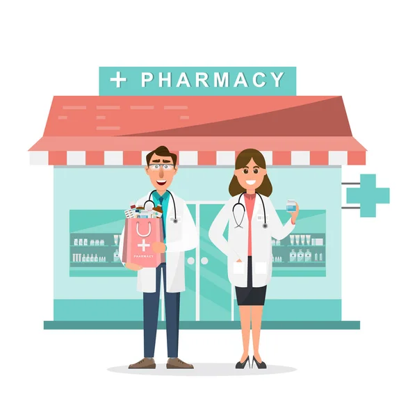 Farmácia com médico e enfermeiro na frente da farmácia —  Vetores de Stock