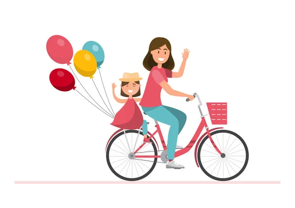 Familia feliz. padre, madre, niño y niña en bicicleta t — Vector de stock