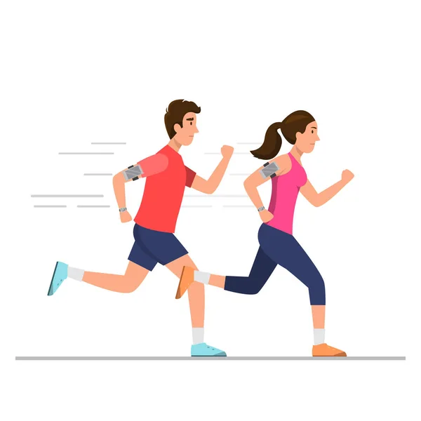 Heureux homme et femme courent sur le chemin — Image vectorielle
