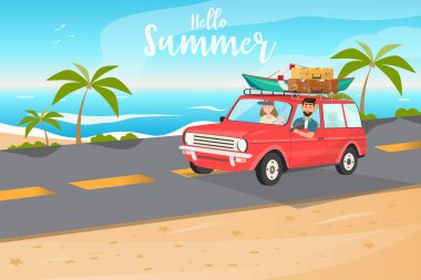 Mutlu bir aile. Baba, anne ve çocuklar arabayla seyahat edecek