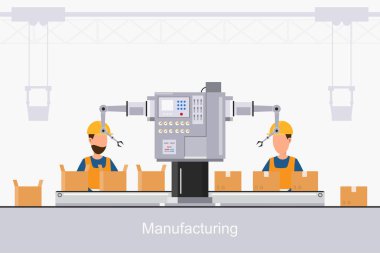 işçiler ile düz bir tarzda akıllı sanayi fabrikası, robotlar bir