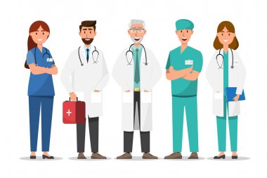Doktor çizgi film karakterleri ayarlayın. Tıbbi personel takım konsepti 