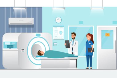 doktor ayakta ve adam Mri tarayıcı ma ile x-ray için yatan