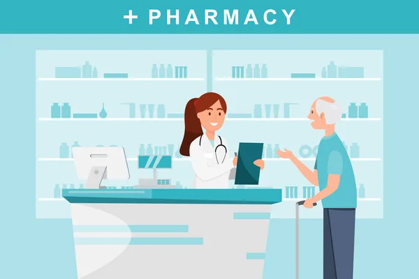 Pharmacie avec pharmacien et client au comptoir . — Image vectorielle