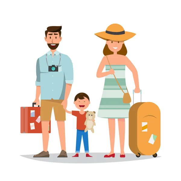 Familia feliz. Padre, madre e hijo junto con el viaje de verano — Vector de stock