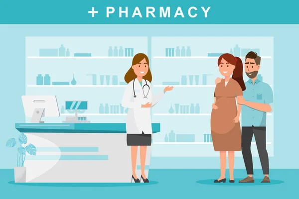 Pharmacie avec pharmacien et client en couple au comptoir . — Image vectorielle