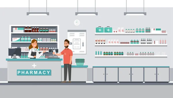 Farmacia con farmacéutico y cliente en mostrador — Vector de stock