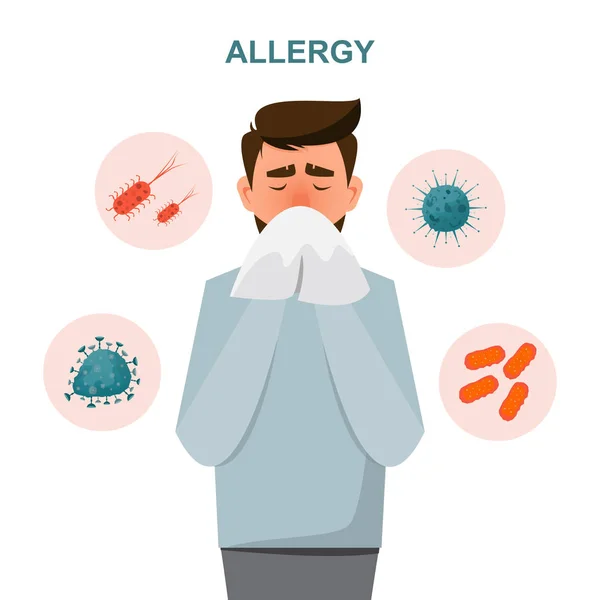 Έννοια της υγειονομικής περίθαλψης. άνθρωπος να πάρει άρρωστα συμπτώματα αλλεργίας — Διανυσματικό Αρχείο
