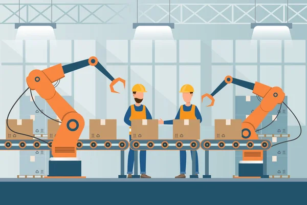 Fábrica industrial inteligente en un estilo plano con los trabajadores, robots y — Archivo Imágenes Vectoriales