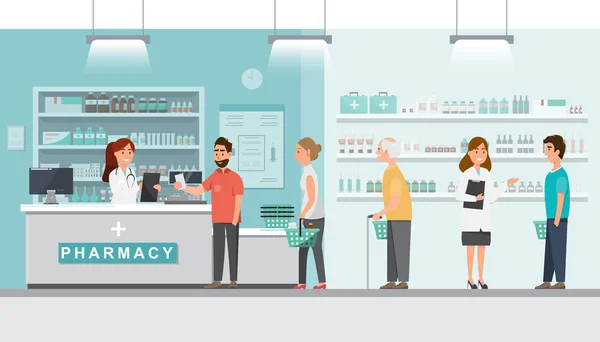 Farmacia con farmacéutico y cliente en mostrador — Vector de stock