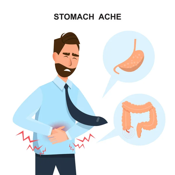 Homem tocando sua barriga. ele fica doente sobre dor de estômago desenho animado c — Vetor de Stock