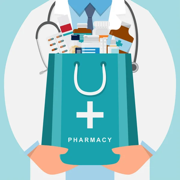 Fundo da farmácia com o médico segurando um saco de medicamento —  Vetores de Stock