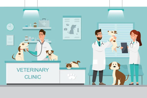 Tierarzt und Arzt mit Hund und Katze auf dem Tresen in Tierklinik lizenzfreie Stockillustrationen