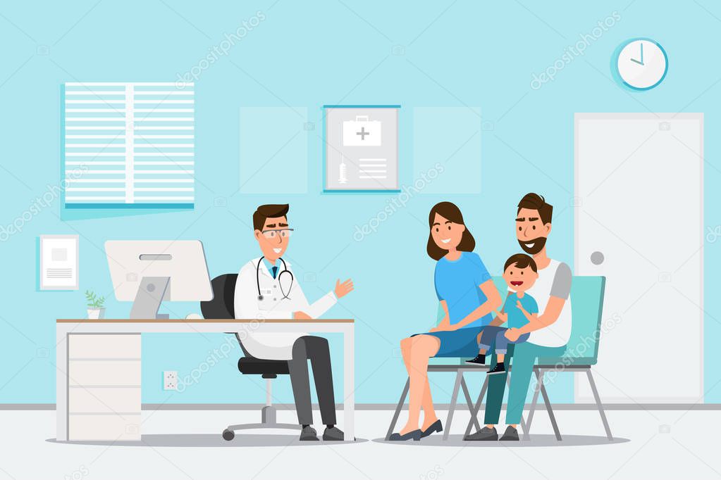Medical concept with doctor and patients in flat cartoon on hosp