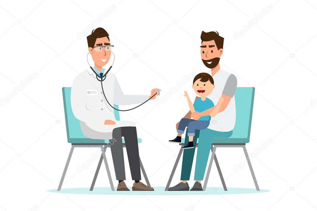 doctor listens to breathing statoscope for kid who sit on his fa