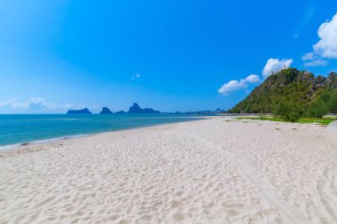 Beyaz kum plajı, turkuaz su ve Tayland 'ın güneyinde yeşil yemyeşil ağaçlar.