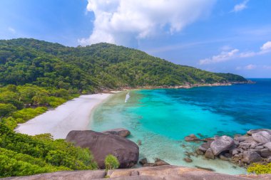 Similan Adaları Güzel tropikal kumlu plaj ve tropikal bir adada yemyeşil yeşillik, Tayland