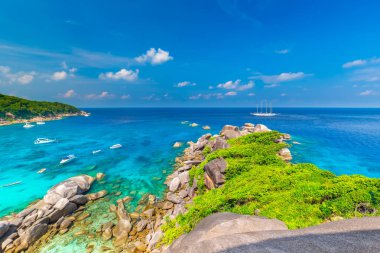 Similan Adaları Güzel tropikal kumlu plaj ve tropikal bir adada yemyeşil yeşillik, Tayland
