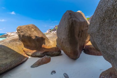 Similan Adaları Güzel tropikal kumlu plaj ve tropikal bir adada yemyeşil yeşillik, Tayland