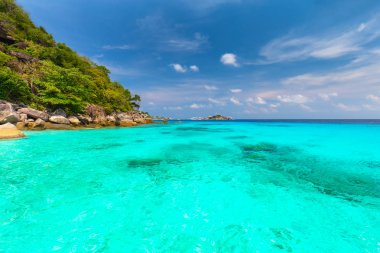 Similan Adaları Güzel tropikal kumlu plaj ve tropikal bir adada yemyeşil yeşillik, Tayland
