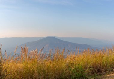 Güneşin doğuşunun panoramik görüntüsü. Dağ, Phu Luang Bölgesi, Tayland