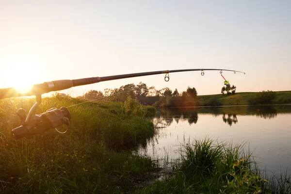 Canna Pesca Sul Lago Piegato Sotto Peso Dei Pesci Tramonto — Foto Stock