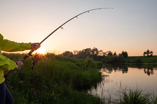 Mãos Femininas Seguram Uma Vara Pesca Lago Pôr Sol Pôr — Fotografia de Stock