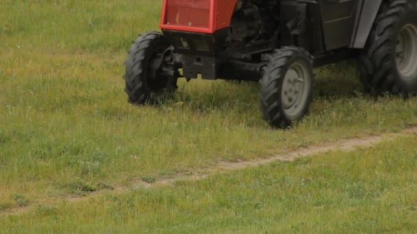 Старый трактор косит траву на поле — стоковое видео