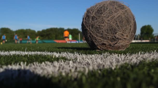 Vieja bola polvorienta yace en el campo de fútbol — Vídeo de stock