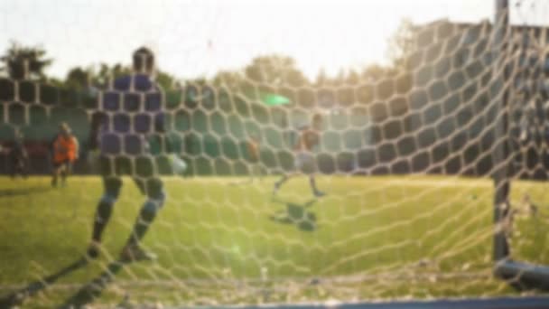 Målvakten hoppar nära stadsporten i slow motion, laget spelar match, dimsyn — Stockvideo