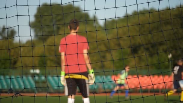 Вратарь стоит рядом с футбольными воротами, размытый, футбольный чемпионат — стоковое видео