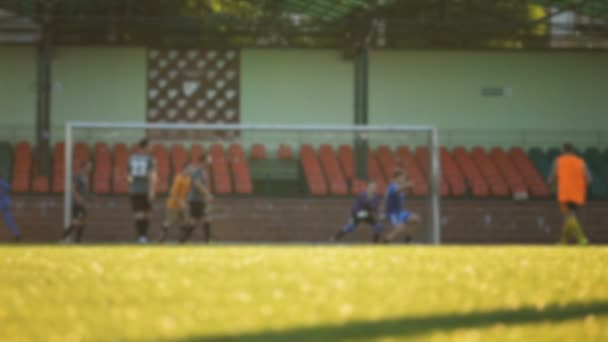 Anota un gol, portero no atrapa la pelota, borrosa — Vídeo de stock