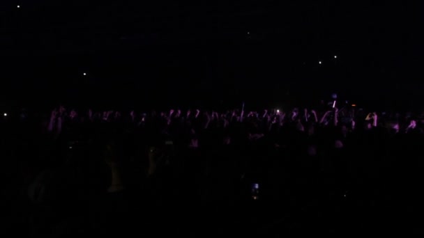 Sahne, müzik, bir konser ile zamanında ellerini sallayarak insanlar bir adam şarkı söylüyor — Stok video