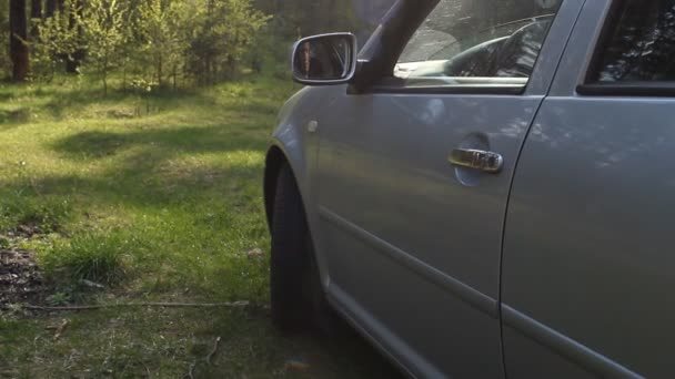 Un hombre tira basura por la ventana del coche, naturaleza y basura — Vídeo de stock